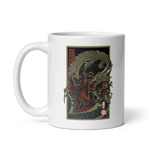 Samurai vs Dragon Warrior Ukiyo-e White glossy mug