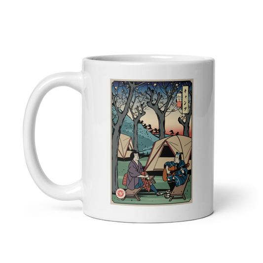 Samurai Camping Weekend Ukiyo-e White glossy mug