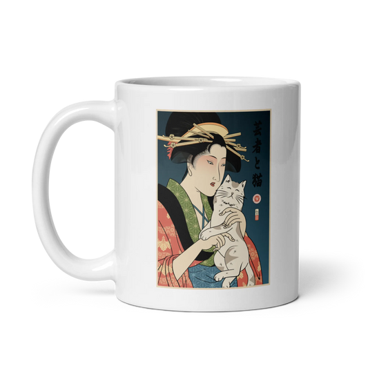 Geisha and Cat 1 Ukiyo-e White glossy mug