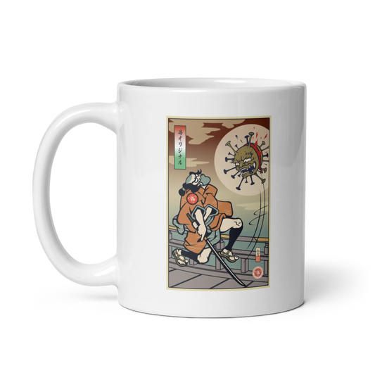 Samurai vs Virus Demon Ukiyo-e White glossy mug