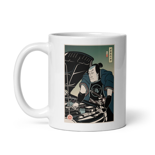 Samurai Mechanic Car Garage Ukiyo-e White glossy mug