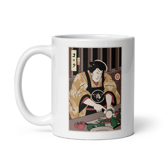 Samurai Chef 2 Cook Dish Ukiyo-e White glossy mug