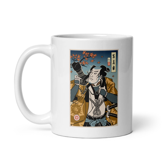 Samurai Photographer 7 Camera Ukiyo-e White glossy mug