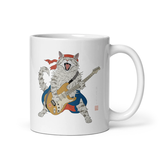 Cat Playing Guitar Japanese Ukiyo-e White glossy mug 3 - 11 oz