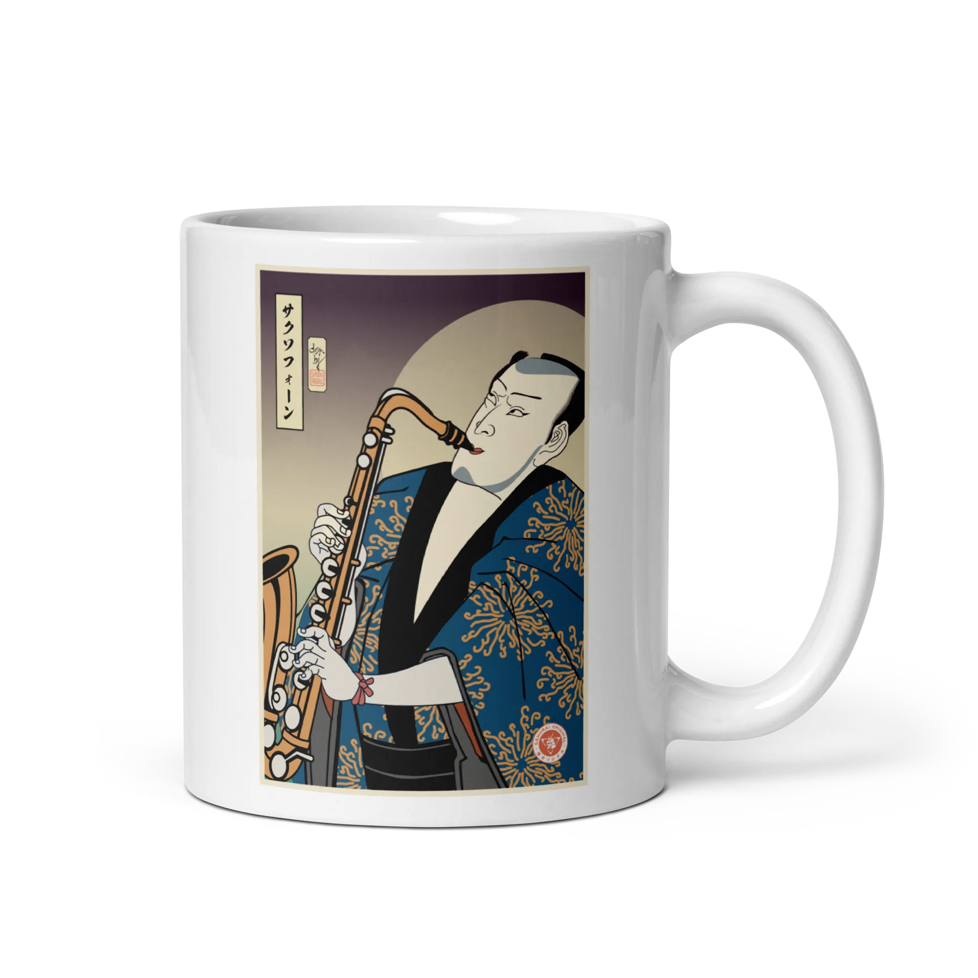 Samuai Saxophone Music Japanese Ukiyo-e White glossy mug - Samurai Original