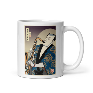 Samuai Saxophone Music Japanese Ukiyo-e White glossy mug - Samurai Original