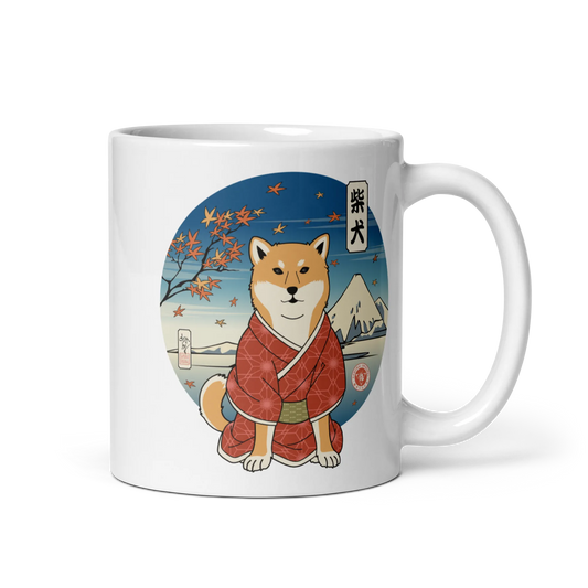 Dog Shiba Inu Samurai Ukiyo-e Funny White glossy mug