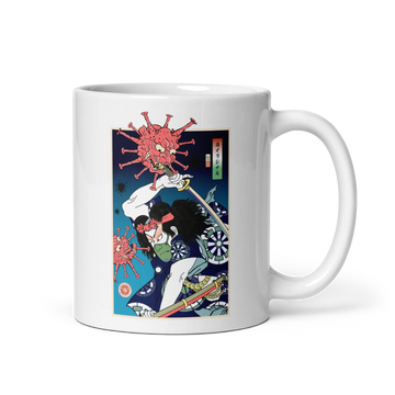 Samurai vs Virus Demon 2 Ukiyo-e White glossy mug