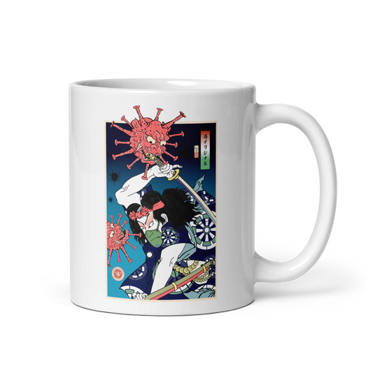 Samurai vs Virus Demon 2 Ukiyo-e White glossy mug