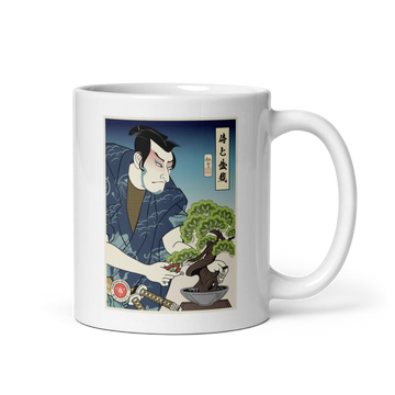 Samurai and Bonsai Tree Ukiyo-e White glossy mug