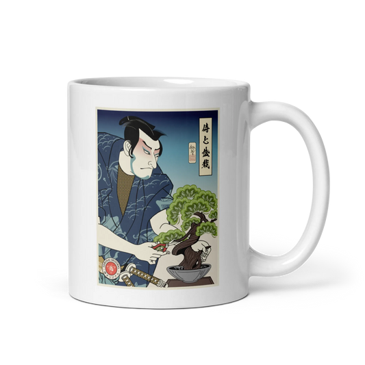 Samurai and Bonsai Tree Ukiyo-e White glossy mug