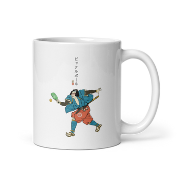 Samurai Play Pickleball Ukiyo-e White glossy mug