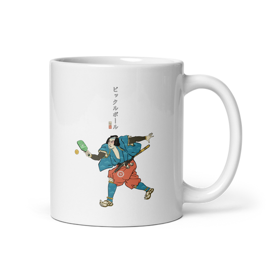 Samurai Play Pickleball Ukiyo-e White glossy mug