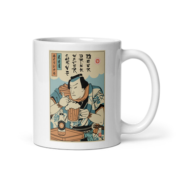 Samurai Save Water Drink Beer Ukiyo-e Funny Saying White glossy mug