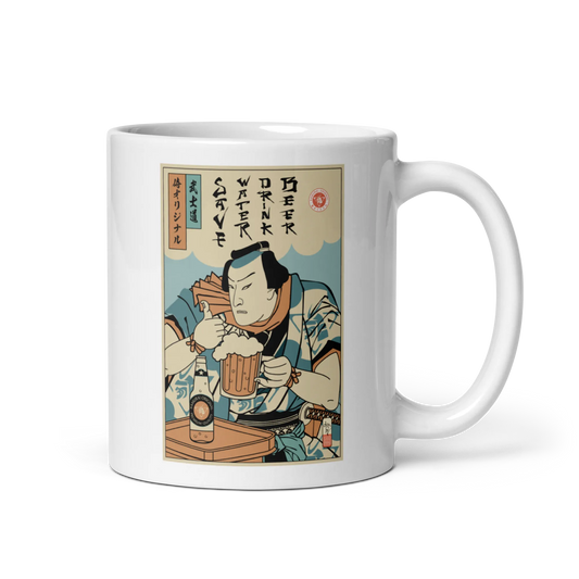 Samurai Save Water Drink Beer Ukiyo-e Funny Saying White glossy mug