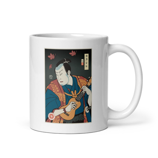 Samurai Ukulele String Instrument Ukiyo-e White glossy mug