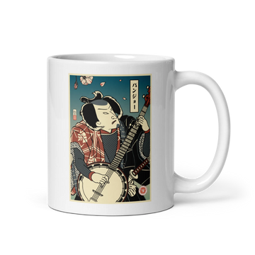 Samurai Banjo Player Music Ukiyo-e White glossy mug