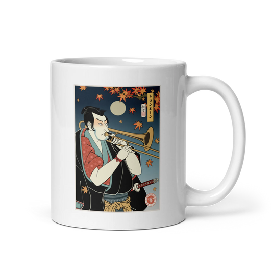 Trombone Samurai Music Ukiyo-e White glossy mug