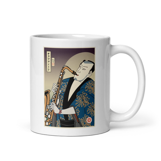 Samuai Saxophone Music Japanese Ukiyo-e White glossy mug