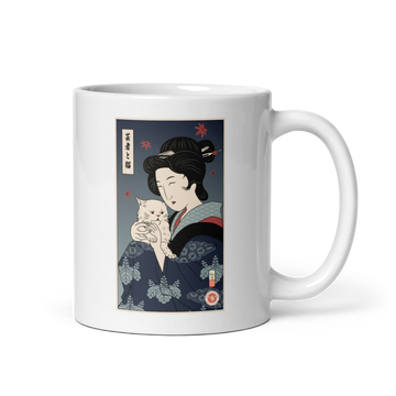 Geisha & Cat Ukiyo-e White glossy mug