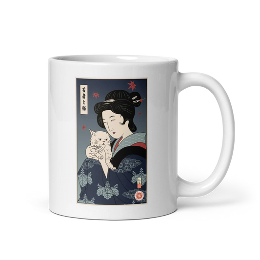 Geisha & Cat Ukiyo-e White glossy mug