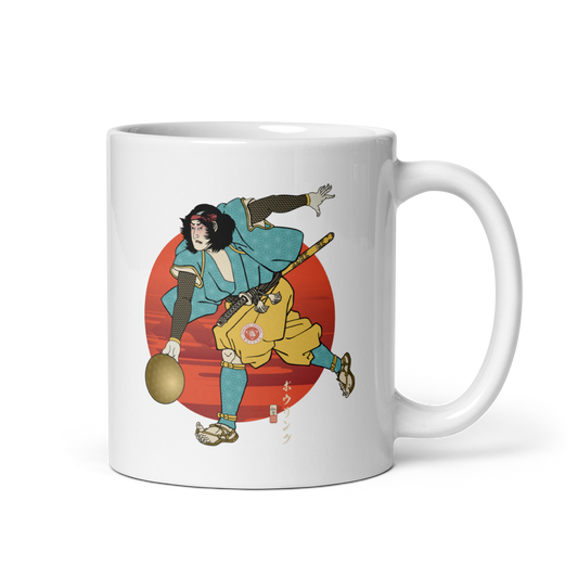 Samurai Play Bowling Ukiyo-e White Glossy Mug