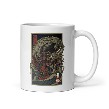 Samurai vs Dragon Warrior Ukiyo-e White glossy mug