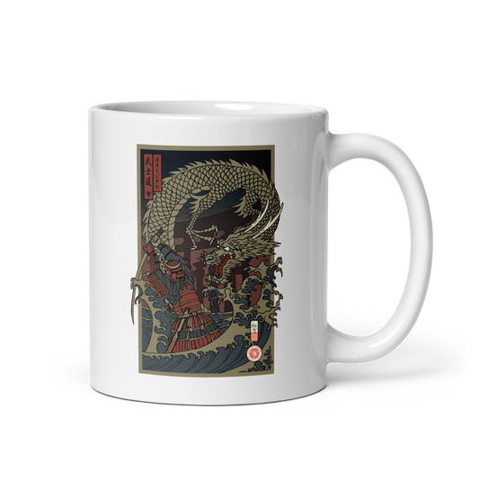 Samurai vs Dragon Warrior Ukiyo-e White glossy mug