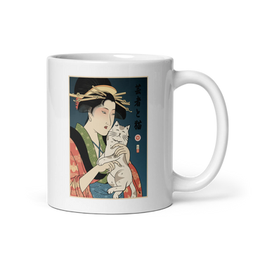 Geisha and Cat 1 Ukiyo-e White glossy mug