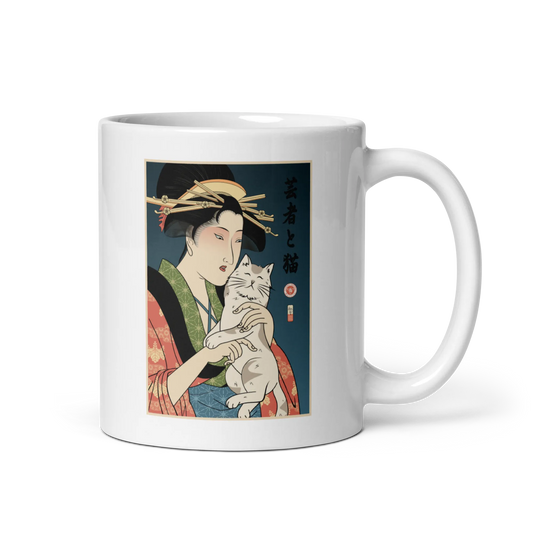 Geisha and Cat 1 Ukiyo-e White glossy mug