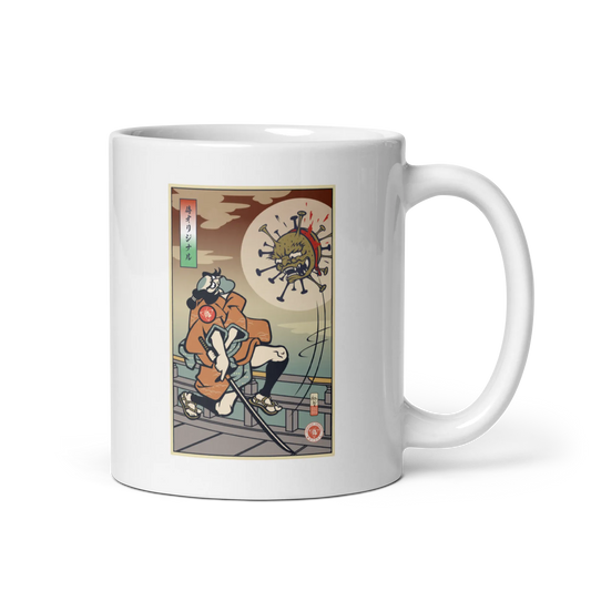 Samurai vs Virus Demon Ukiyo-e White glossy mug