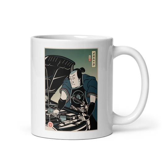 Samurai Mechanic Car Garage Ukiyo-e White glossy mug