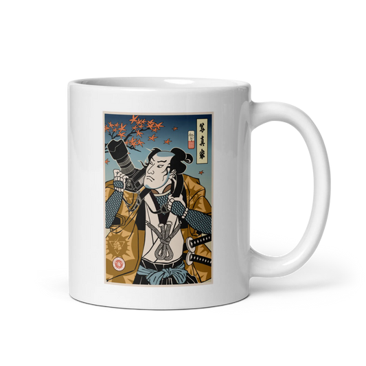 Samurai Photographer 7 Camera Ukiyo-e White glossy mug