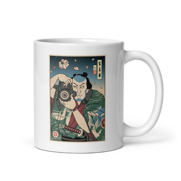 Samurai Photographer 5 Camera Ukiyo-e White glossy mug