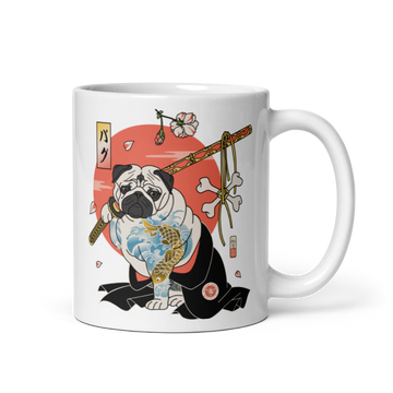 Samurai Pug Dog Ukiyo-e White Glossy Mug