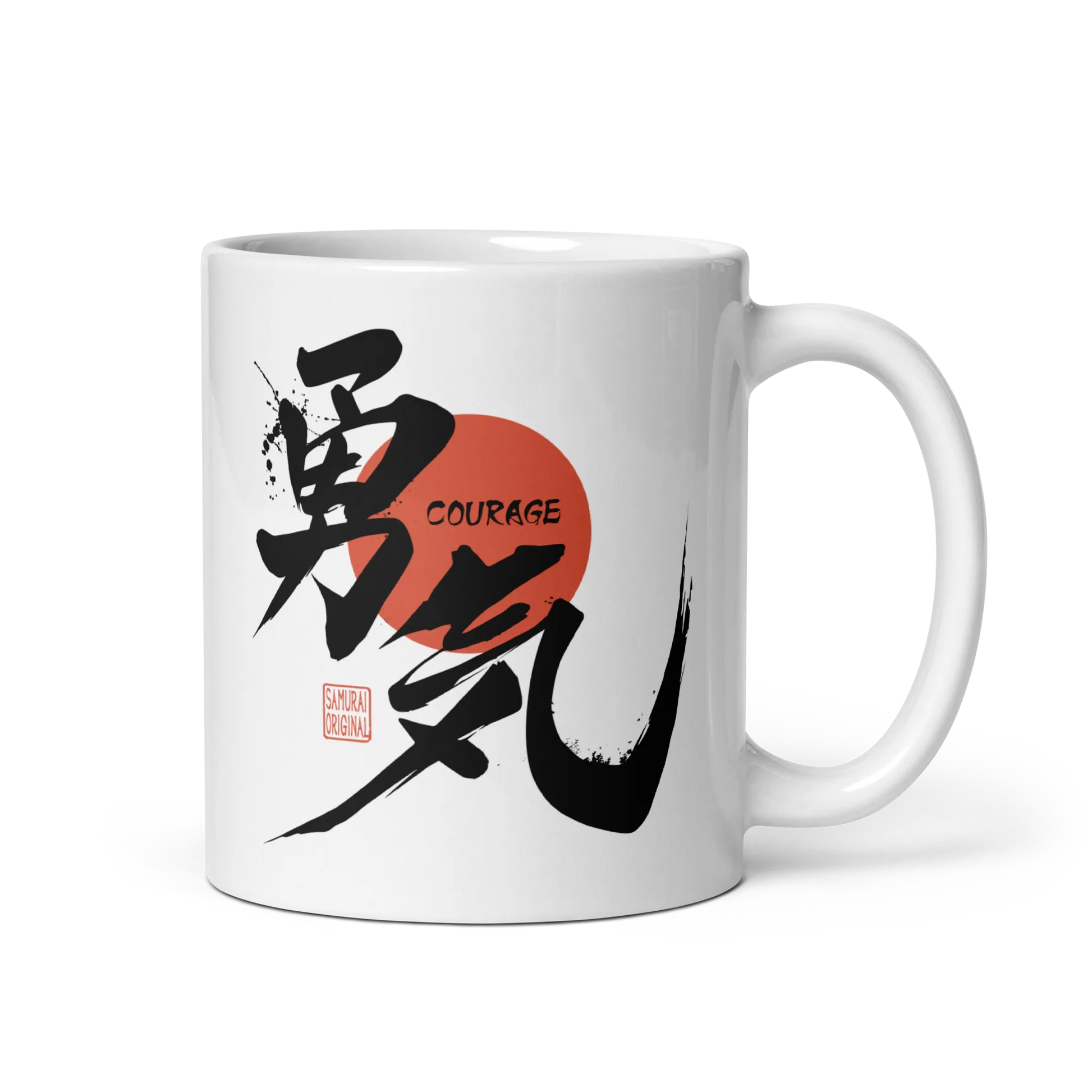 Courage Japanese Kanji Calligraphy White Glossy Mug - 11oz