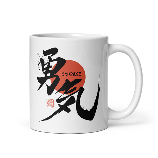 Courage Japanese Kanji Calligraphy White Glossy Mug - 11oz