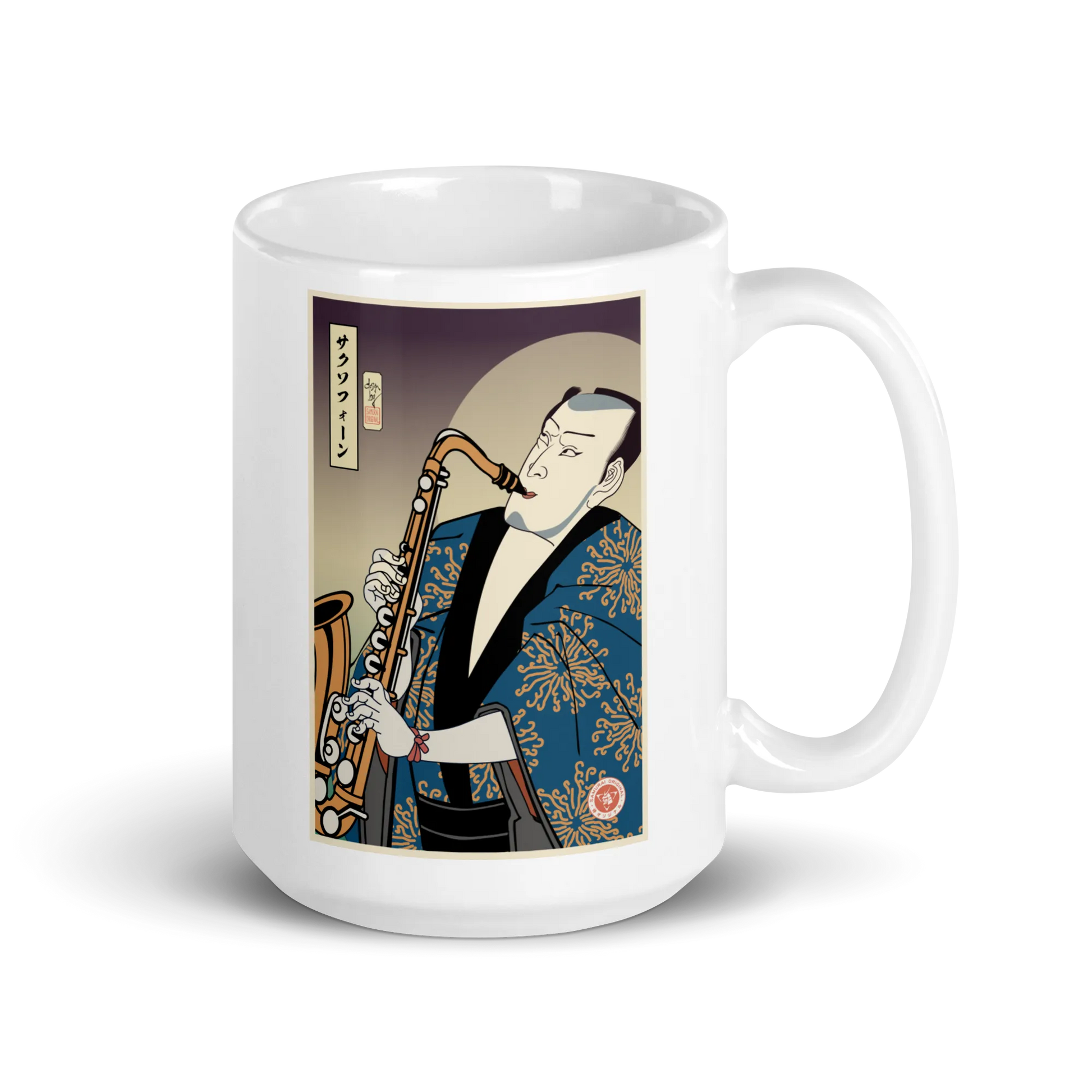 Samuai Saxophone Music Japanese Ukiyo-e White glossy mug - Samurai Original