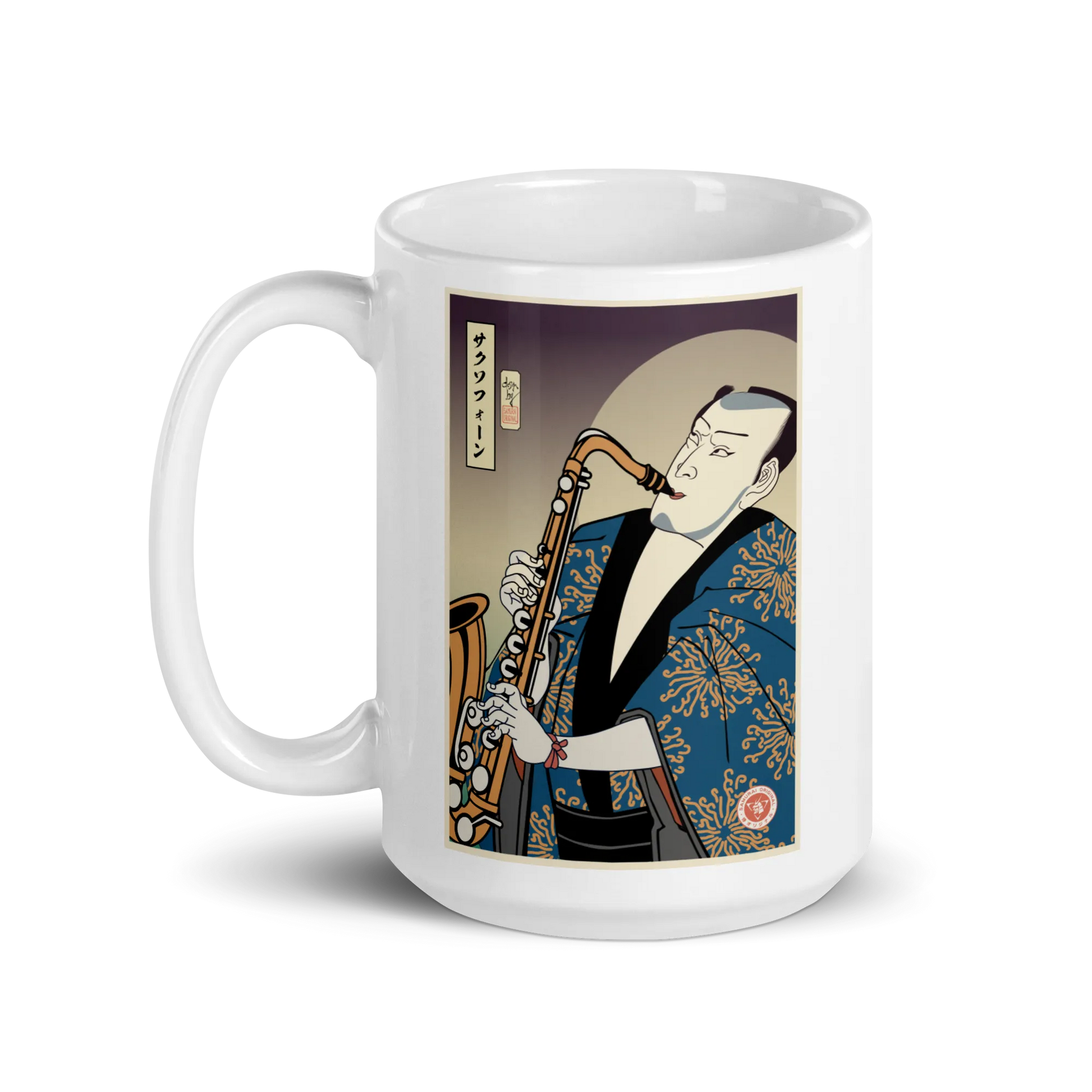 Samuai Saxophone Music Japanese Ukiyo-e White glossy mug - Samurai Original