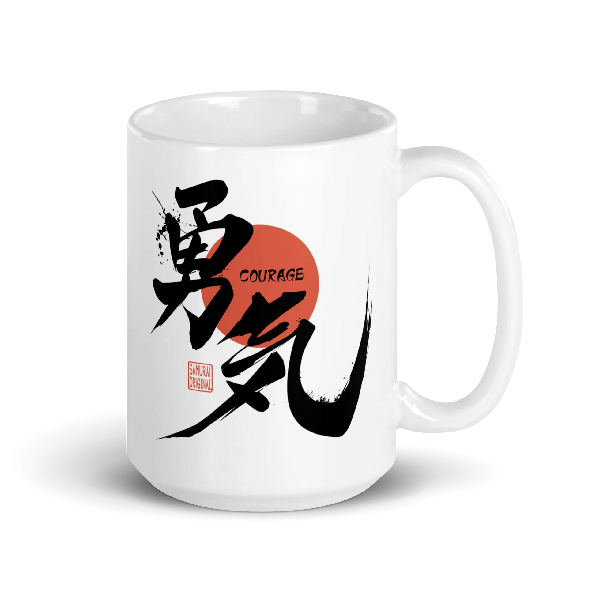 Courage Japanese Kanji Calligraphy White Glossy Mug - 15oz