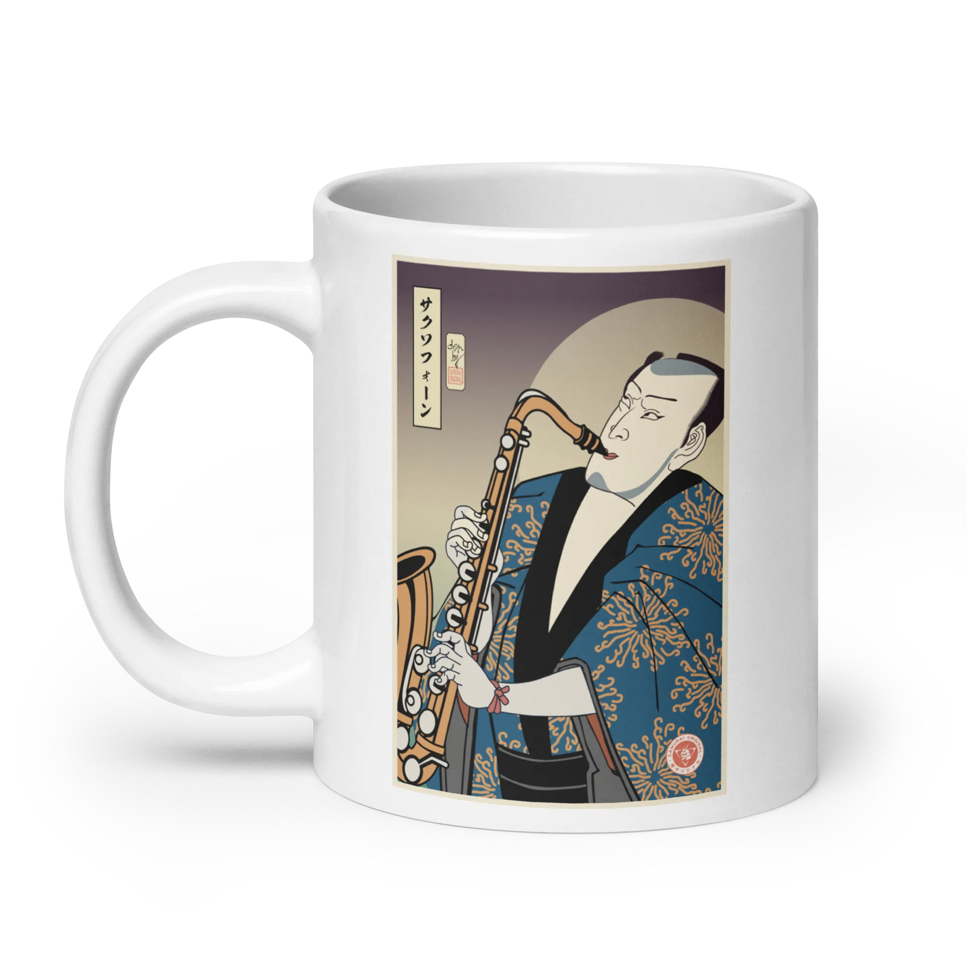 Samuai Saxophone Music Japanese Ukiyo-e White glossy mug - Samurai Original