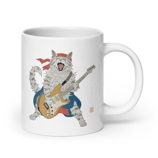 Cat Playing Guitar Japanese Ukiyo-e White glossy mug 3 - 20 oz