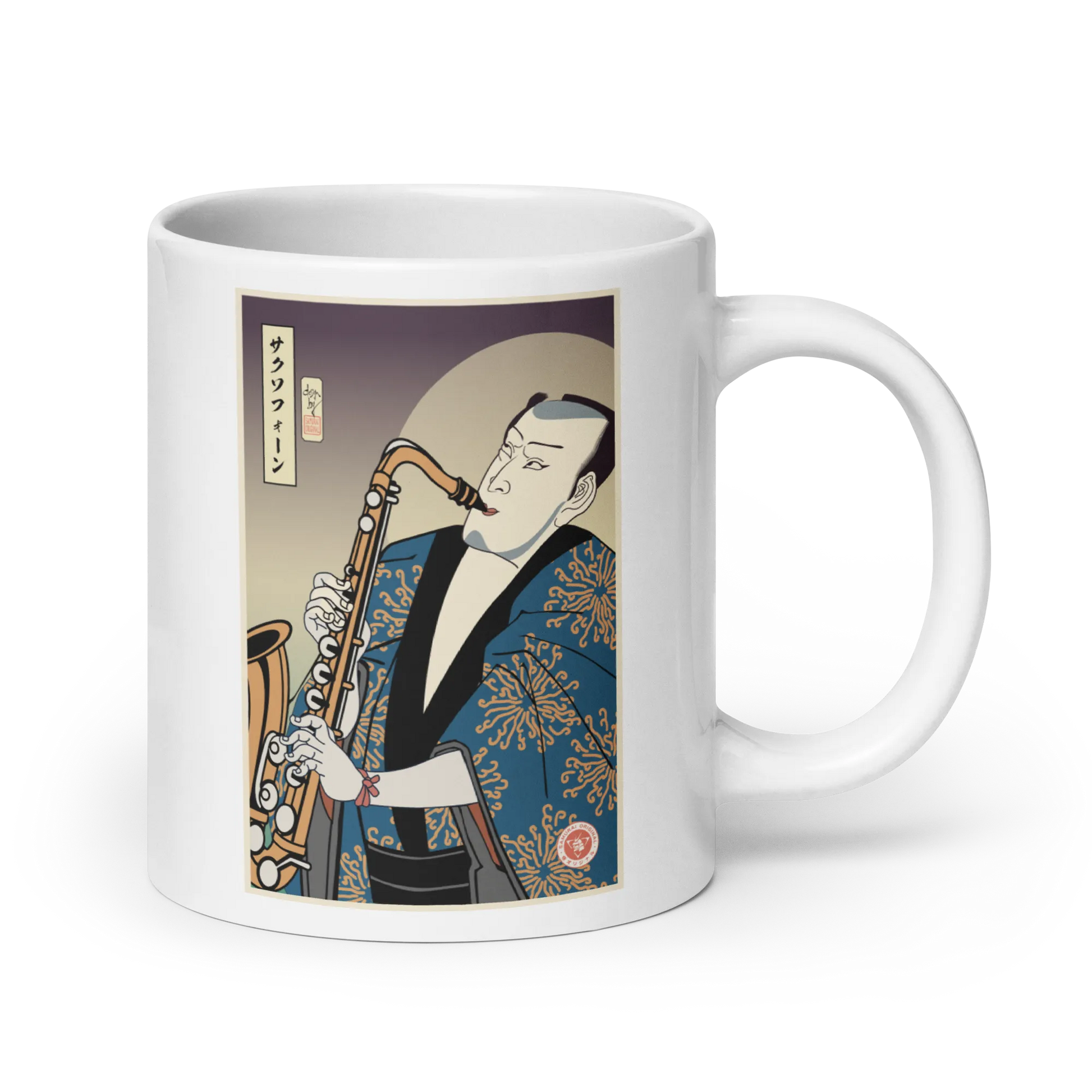 Samuai Saxophone Music Japanese Ukiyo-e White glossy mug - Samurai Original