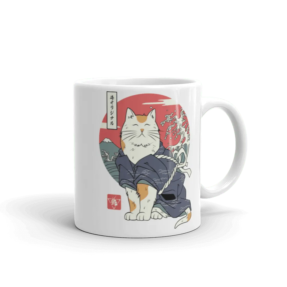 Cat Samurai Funny Japanese Ukiyo-e White Glossy Mug - Default Title