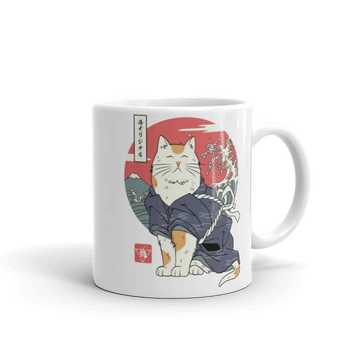 Cat Samurai Funny Japanese Ukiyo-e White Glossy Mug - Default Title