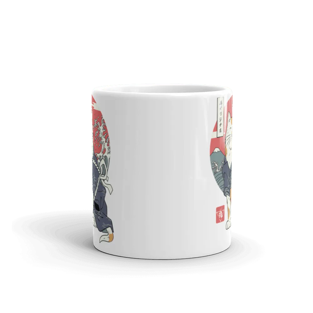 Cat Samurai Funny Japanese Ukiyo-e White Glossy Mug -