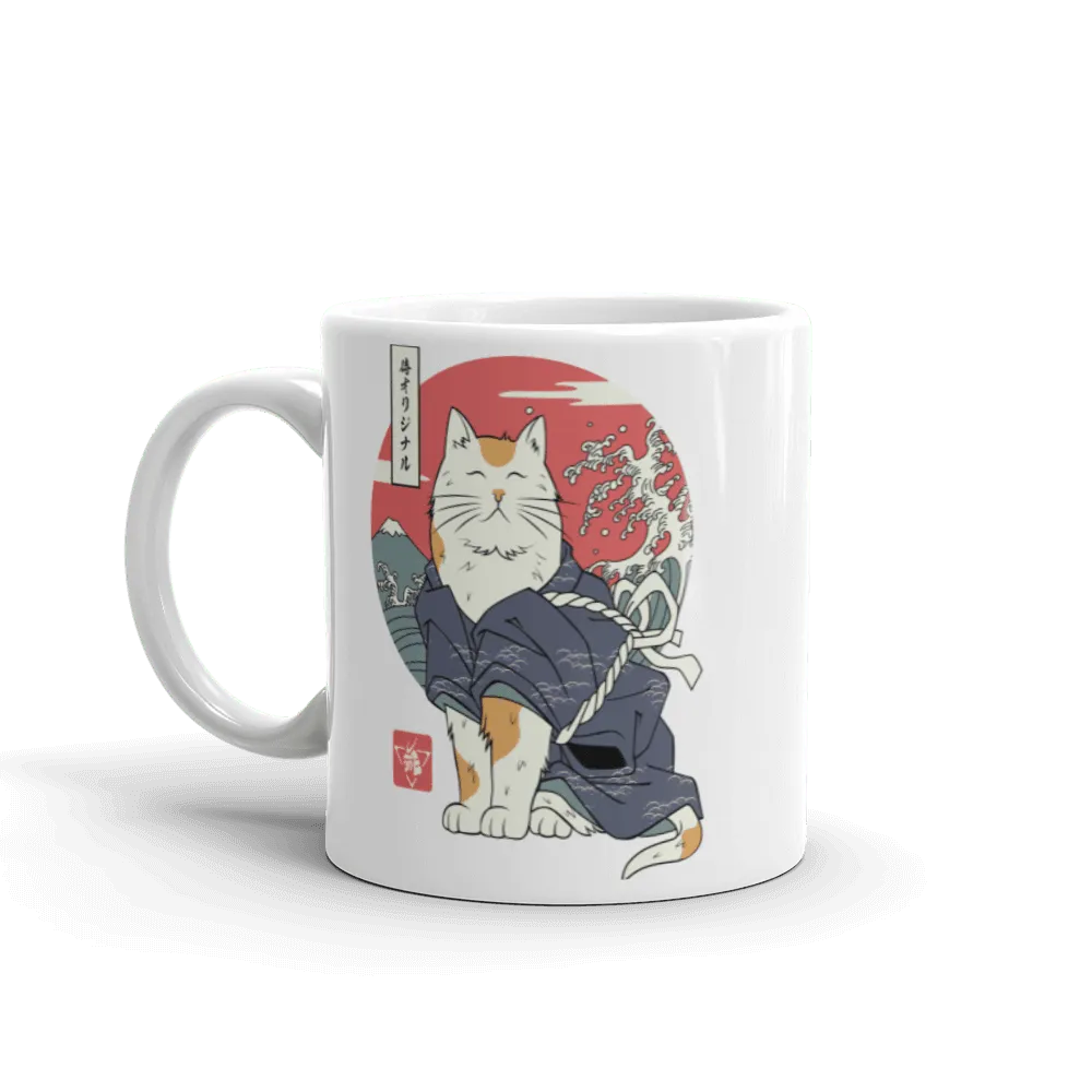 Cat Samurai Funny Japanese Ukiyo-e White Glossy Mug -