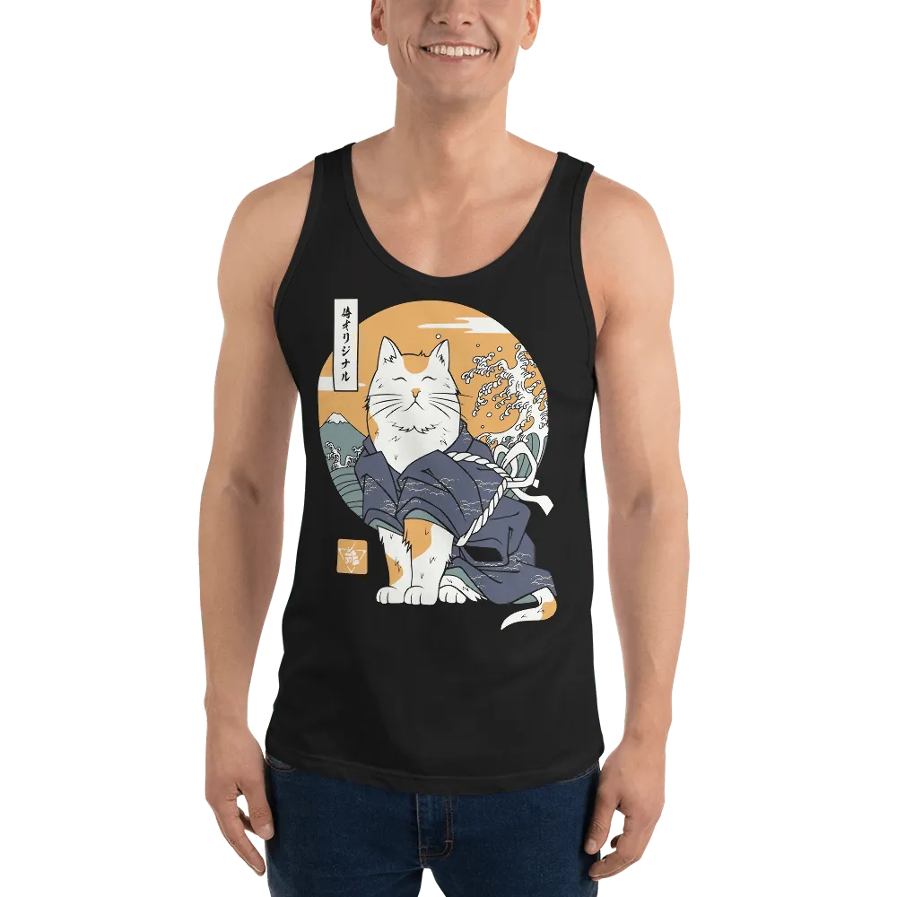 Cat Samurai Funny Japanese Ukiyo-e Unisex Tank Top - Black / XS