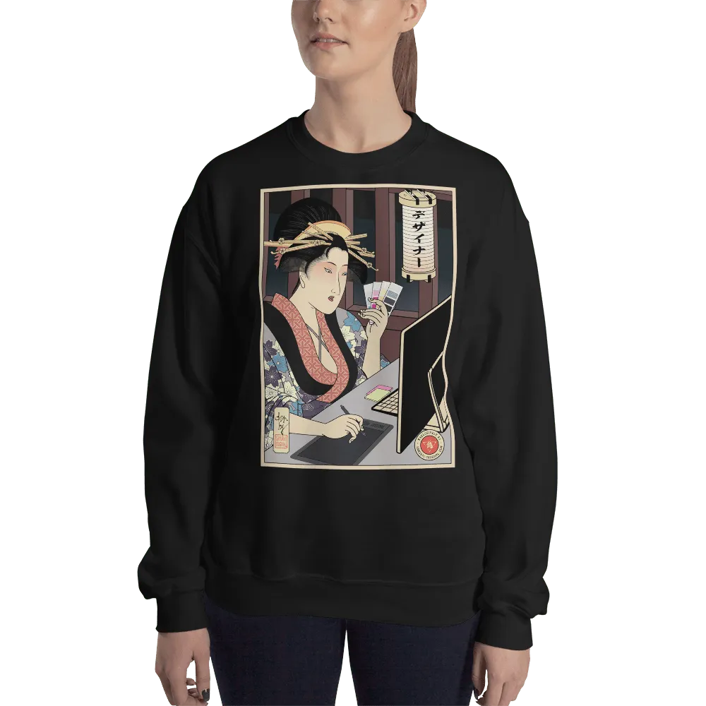 Geisha Design Japanese Ukiyo-e Unisex Sweatshirt - Black / S