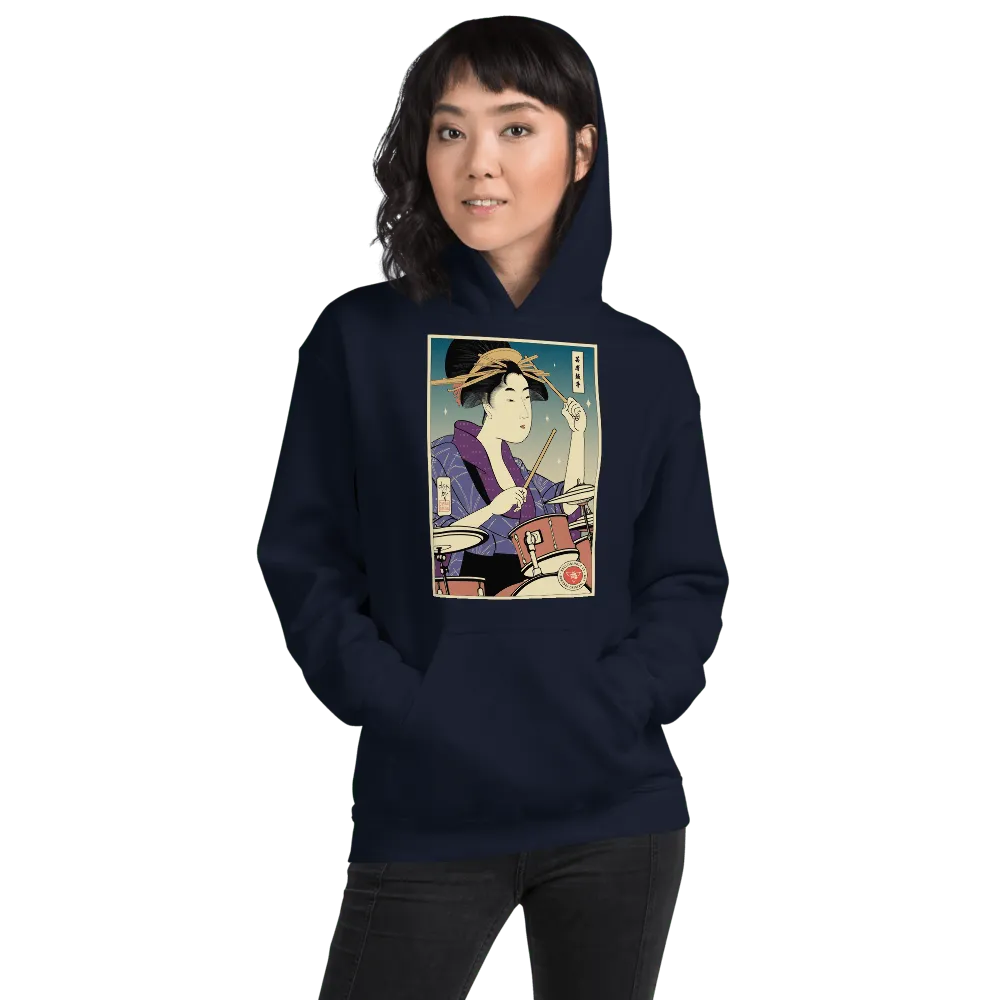 Geisha Drummer Percussion Music Japanese Ukiyo-e Front Unisex Hoodie - Navy / S